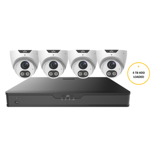 UNV NDAA Compliant 8 Channel Prime Kit with 4 x 6MP AI White Prime-I Tri-Guard Turret Cameras and a 4TB Hard Drive